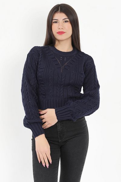 GİYSA Women's Navy Blue Wafer Crop Sweater - 1556
