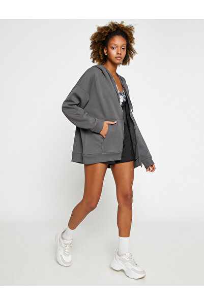 Koton Κορδέλα τσέπης με κουκούλα με φερμουάρ μεγάλου πάχους αθλητικό φούτερ