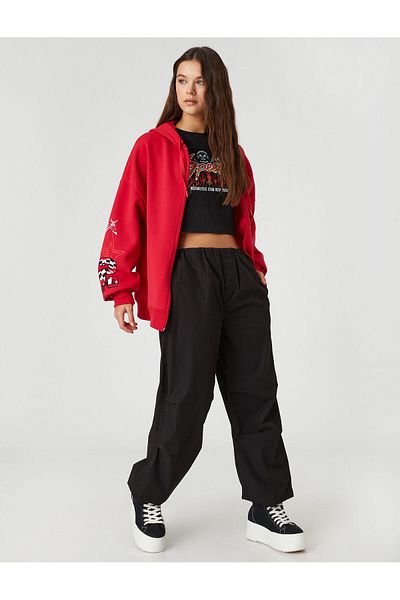 Koton Oversize mikina se zipem na zádech s potištěným dlouhým rukávem fleece uvnitř