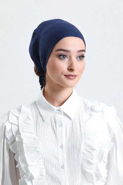 HÜRREM BONE Navy Blue Back Tied Hijab Bonnet Combed Cotton Fabric Plain Bonnet 1011_02