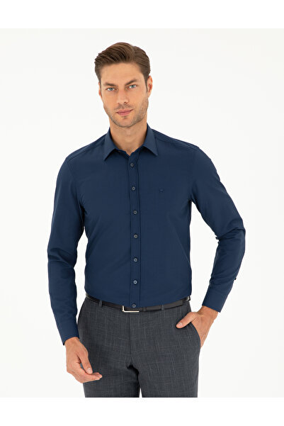Pierre Cardin قميص أزرق داكن بأكمام طويلة وقصة ضيقة 50298054-VR033