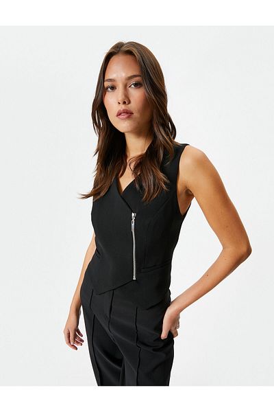 Koton Vest V-Neck Zippered Wrap Pocket