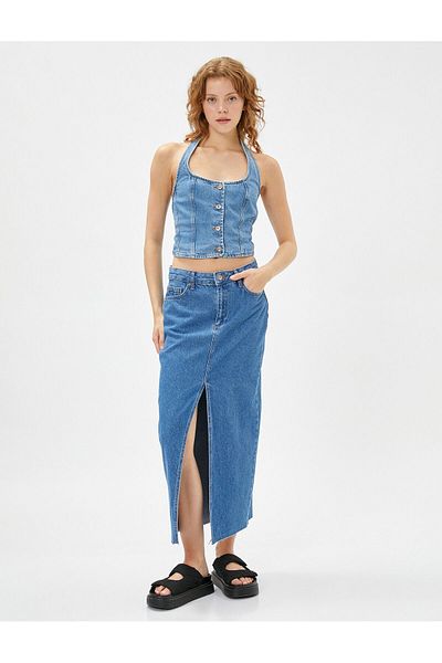 Koton Jeansweste, bauchfrei, Neckholder, geknöpft, gerippte Baumwolle