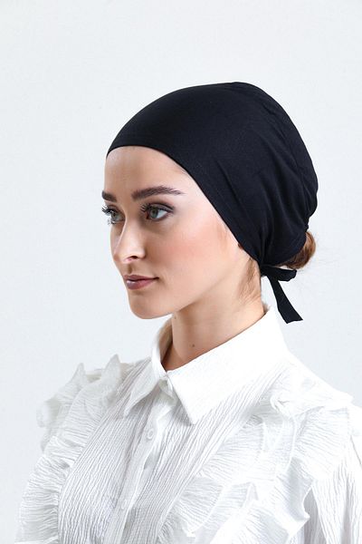HÜRREM BONE Black Back Tied Hijab Bonnet Combed Cotton Fabric Plain Bonnet 1011_01