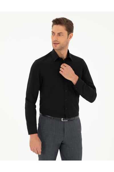 Pierre Cardin Siyah Slim Fit Armürlü Uzun Kollu Gömlek 50298054-VR046