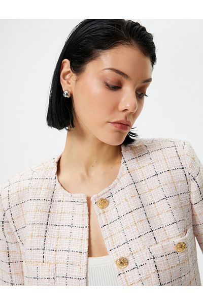 Koton Μπουφάν Tweed με χρυσό κουμπιά Crew Neck Crop