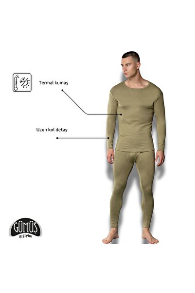 Gümüş İç Giyim Men's Military Green Winter Thermal Bottom Top Suit Set, Silver Underwear Thermal Underwear