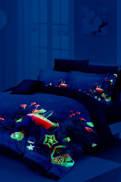 MonoHome Neon Phosphorescent Double Duvet Cover Set - 100% Cotton Satin, Christmas Candle with Elastic Sheets