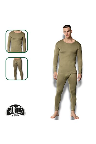 Gümüş İç Giyim Men's Military Green Winter Thermal Bottom Top Suit Set, Silver Underwear Thermal Underwear