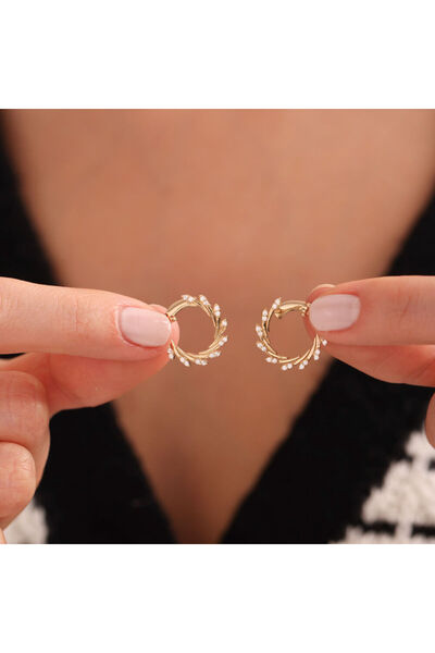 Sembol Gold Altın Halka Küpe Özel Tasarım Taşlı 1.7 Cm