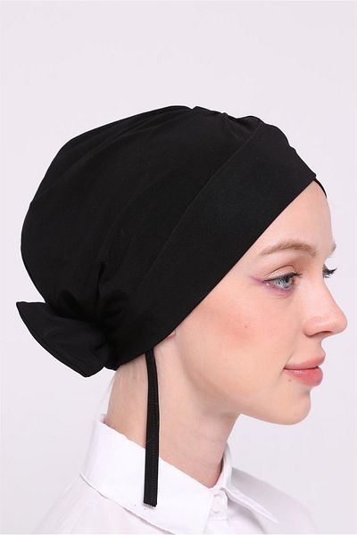 HÜRREM BONE Black Practical Ready-made Hijab Bonnet Sandy Fabric Practical Bonnet with Cross Bow 1834_01