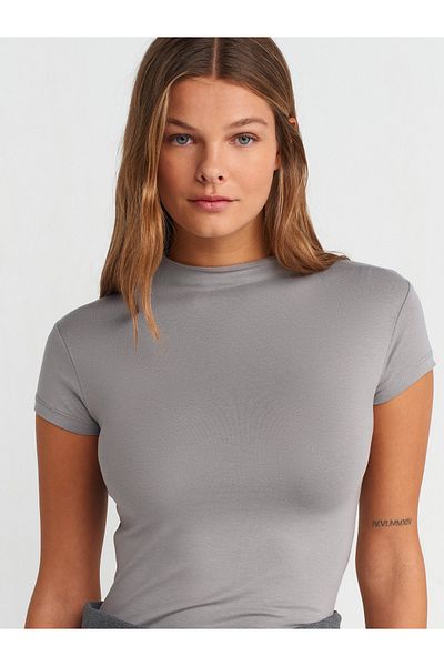Dilvin 31439 Stand Collar T-Shirt-Gray