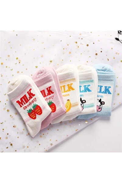 çorapmanya 5 Çift Kadın Çok Renkli Milk / İnek / Çilek Desenli Kolej Tenis Çorap