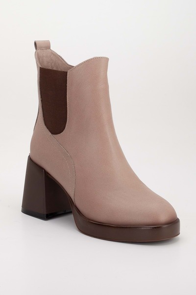 ANALİN SHOES Kadın Hakiki Deri Lastikli Kalın Topuklu Bot - Taş