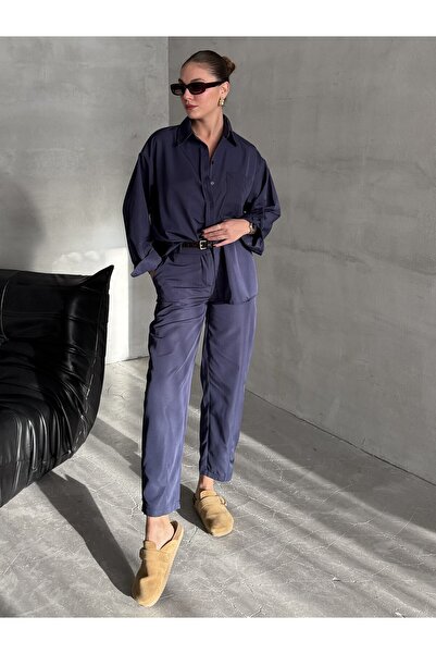 Laluvia Sötétkék Merlin öves ing nadrág szett - 8453