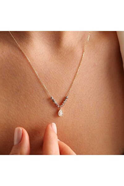 Sembol Gold Damla Taşlı Altın Kolye Dorikalı