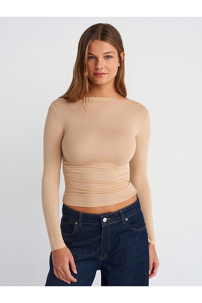 Dilvin 31431 Asymmetrical Long Sleeve - Dark Beige Top