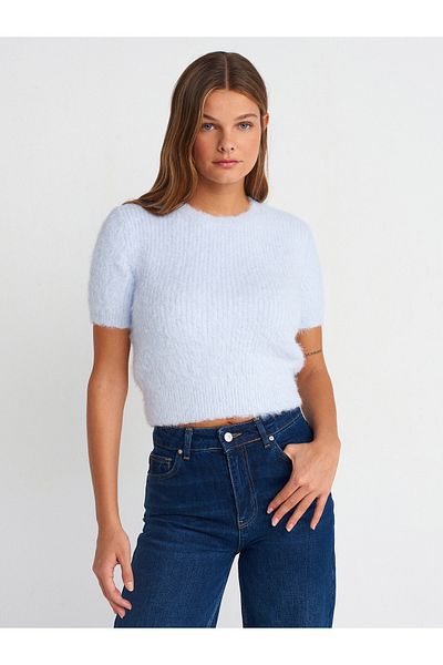 Dilvin 10648 Pulover de tricotaj lucios cu textura moale cu decolteu triplu-albastru