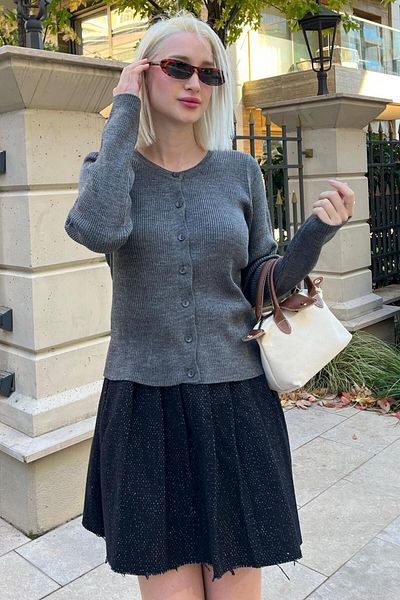 Madmext Anthracite Button Long Sleeve Knitwear Cardigan Mg2218