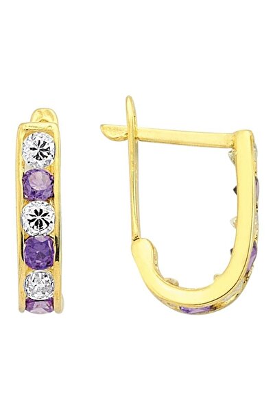 Sembol Gold Altın Çocuk J Küpe Mor Taşlı