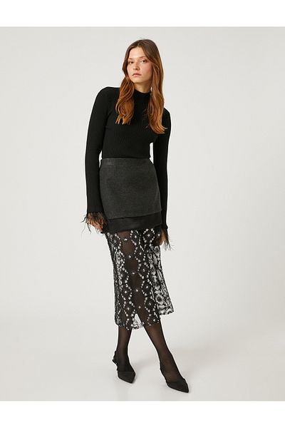 Koton Melis Ağazat X - Half Turtleneck Sweater with Feather Detail on Sleeves