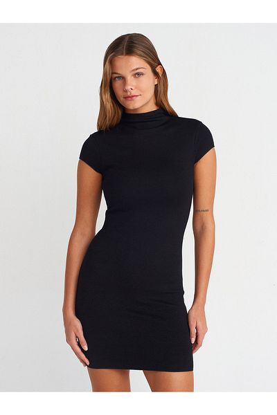 Dilvin 91304 Stand Collar Stretch Mini Dress-Black