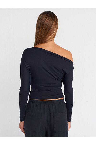 Dilvin 31438 Long Sleeve Asymmetrical T-Shirt-Black