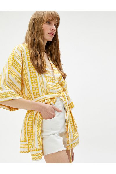 Koton Ethnic Patterned Kimono Belted Short Sleeve