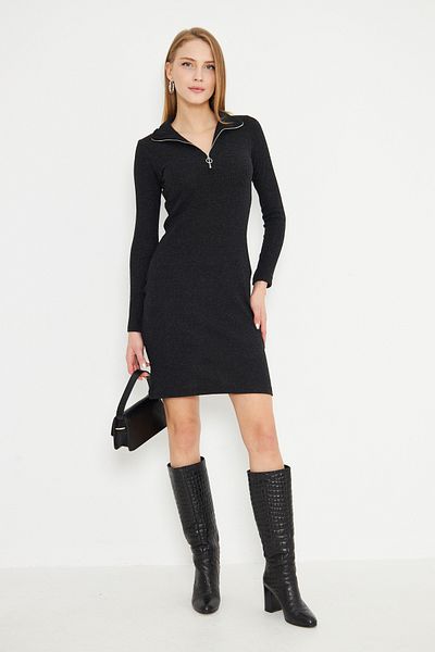 armonika Women's Black Zippered Collar Camisole Above Knee Dress ARM-24Y001001