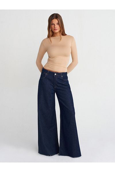 Dilvin 71744 Seamless Wide Leg Denim Trousers-Navy