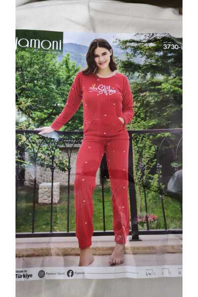 Pijamoni Women's Red Long Sleeve Ribbed Fleece Kangaroo Pocket Pajama Suit 37...
