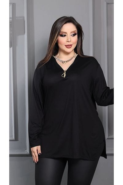 HÜLYA BUTİK Women's Plus Size Black Neckline Zipper Slit Long Sleeve Blouse