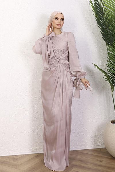 Modaensarbutik Mermaid Lacing Detail Hijab Evening Dress-Pudra