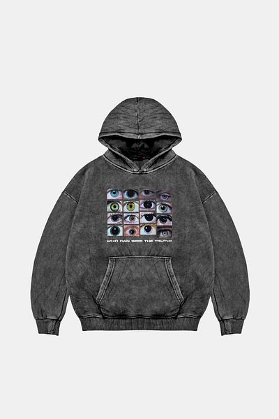 Sekizbiraltı Who Can See Printed Oversize Unisex Premium Washed Black Hoodie