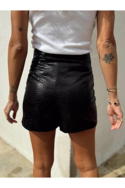 Maldia Shop Women's Lame Fabric Knotted Black Shorts Skirt