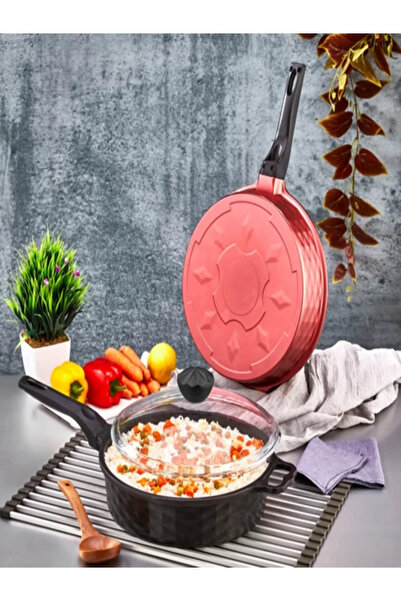 Padella Döküm Granit 28 cm Kapaklı Derin Tava Siyah