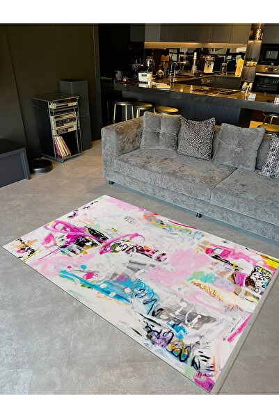 Özge Collection Oil Painted Pink Tone Abstract Patterned Woven Base Decorative Carpet Özge24