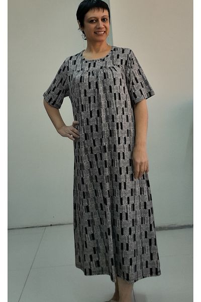 Mertcan Butik Φόρεμα με κοντό μανίκι από χτενισμένο βισκόζη με μαύρο κρεμ μοτίβο με κομμένο μπροστινό πίσω μέρος από ρόμπα