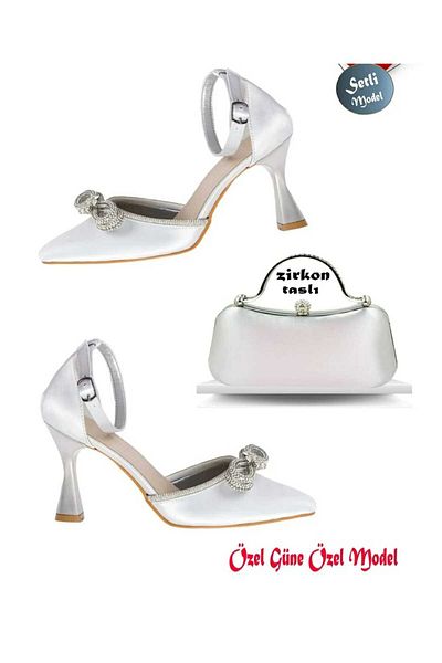 Dira Satin Bow Stone Heeled Women's and Evening Dress and Bag Set