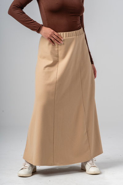 Galistore Uzun Etek Camel Rengi Gabardin Kumaş A Line Kesim Beli Lastikli