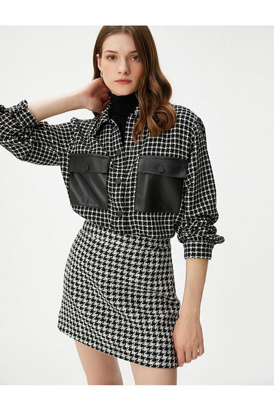 Koton Tweed Jacket Faux Leather Detailed Pocket Buttoned