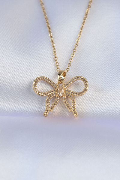 Skygo Gold Colored 316L Zircon Cubic Zirconia Bow Necklace - TJ-BKO8742