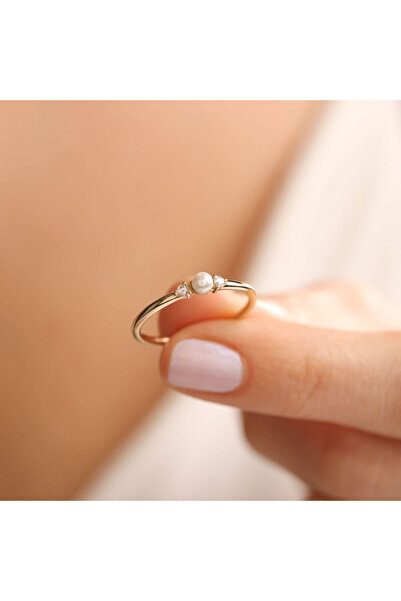 Sembol Gold 14 Ayar Altın Inci Yüzük Mini Taşlı
