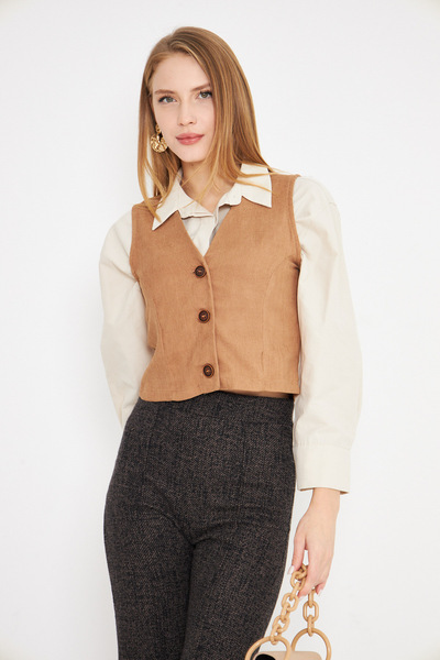 armonika Women's Mink V-Neck Slim Corduroy Vest Arm-25K 001008