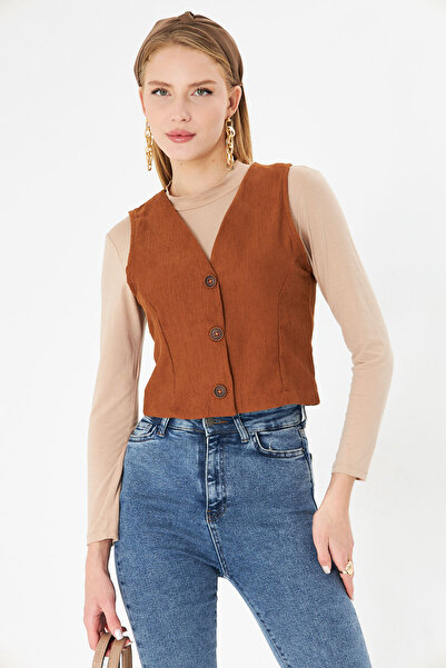 armonika Women's Tan V-Neck Slim Corduroy Vest Arm-25K 001008