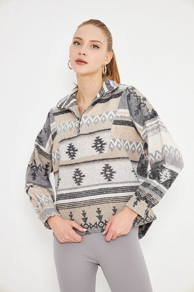 armonika Light Beige Women's High Top Sweatshirt with Zipper - Arm-25K 001056
