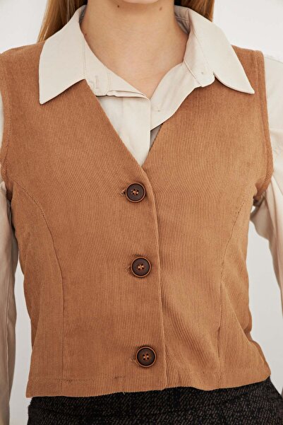 armonika Women's Mink V-Neck Slim Corduroy Vest Arm-25K 001008