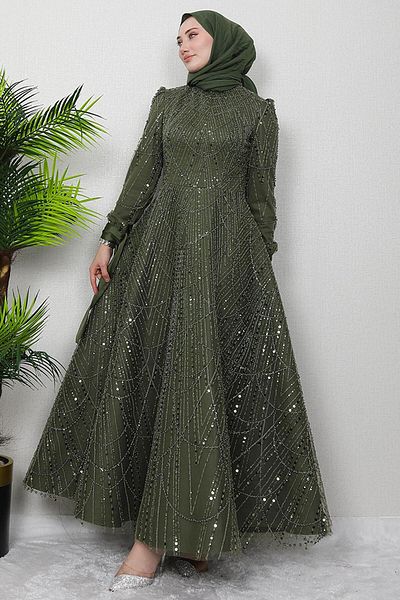 GİZ AGİYİM Khaki Mahur Hijab Evening Dress