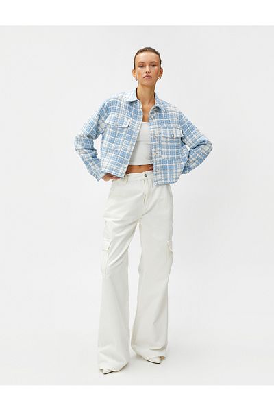 Koton Crop Tweed Jacket with Pearl Buttons and Pocket Detail