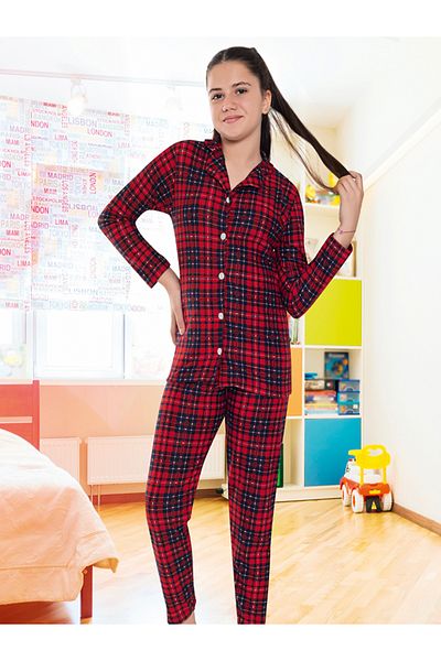 TAMPAP 6591 Women's Suede Winter Thick Pajamas Set with Buttoned Plaid